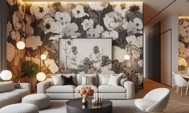 Elegant interior with patterned wallpaper